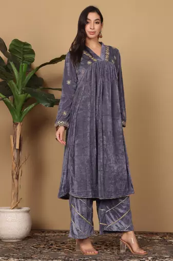 Grey velvet embroidered kurta palazzo set