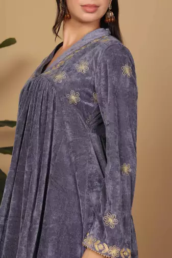 Grey velvet embroidered kurta palazzo set