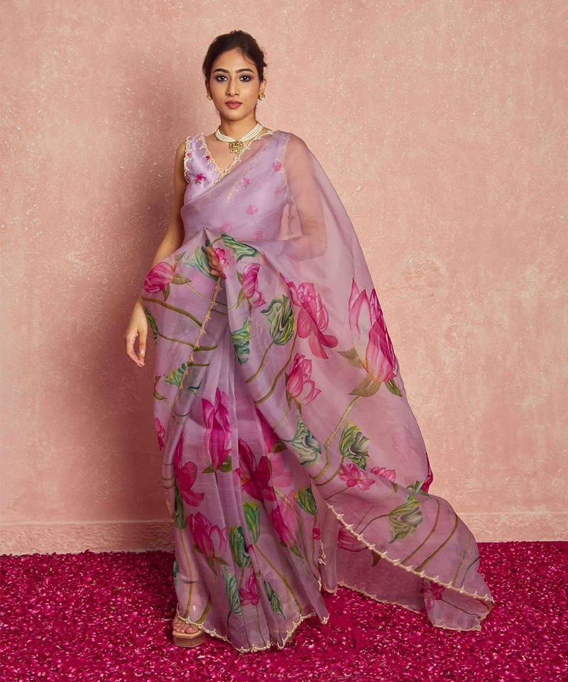 Pink organza floral saree