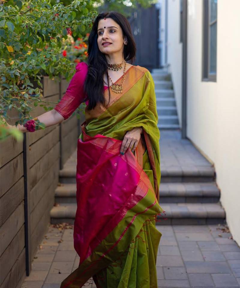 Green and pink art-silk saree