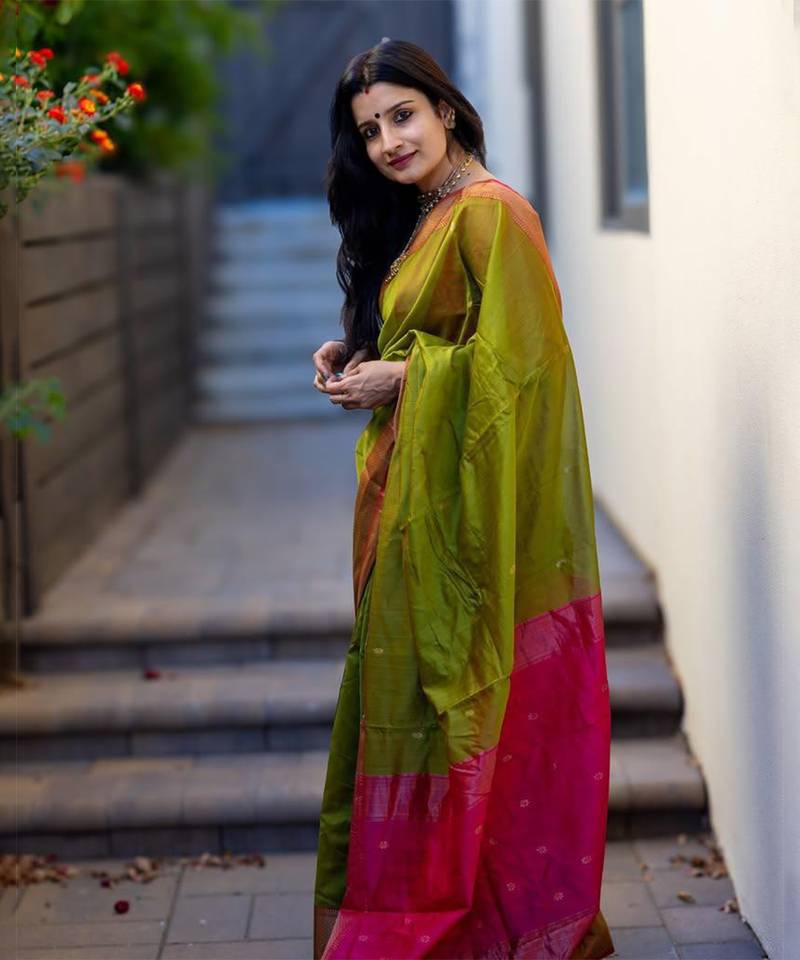 Green and pink art-silk saree
