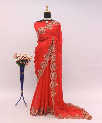 Red glow georgette embroidered saree 1