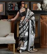 White & black elephant & animal motif saree
