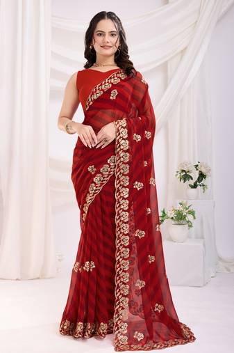 Scarlet red georgette saree