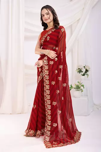 Scarlet red georgette saree