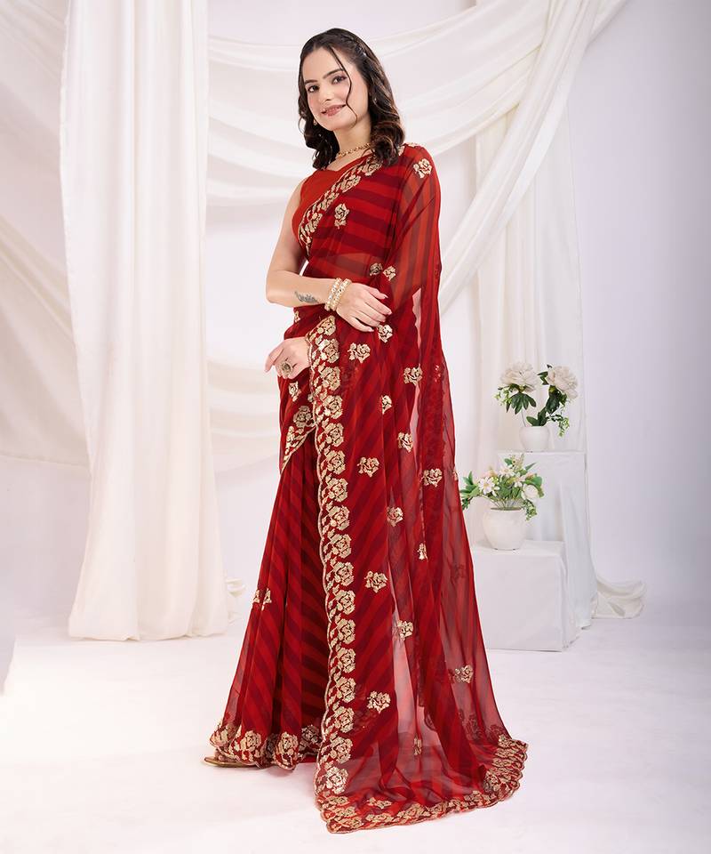 Scarlet red georgette saree