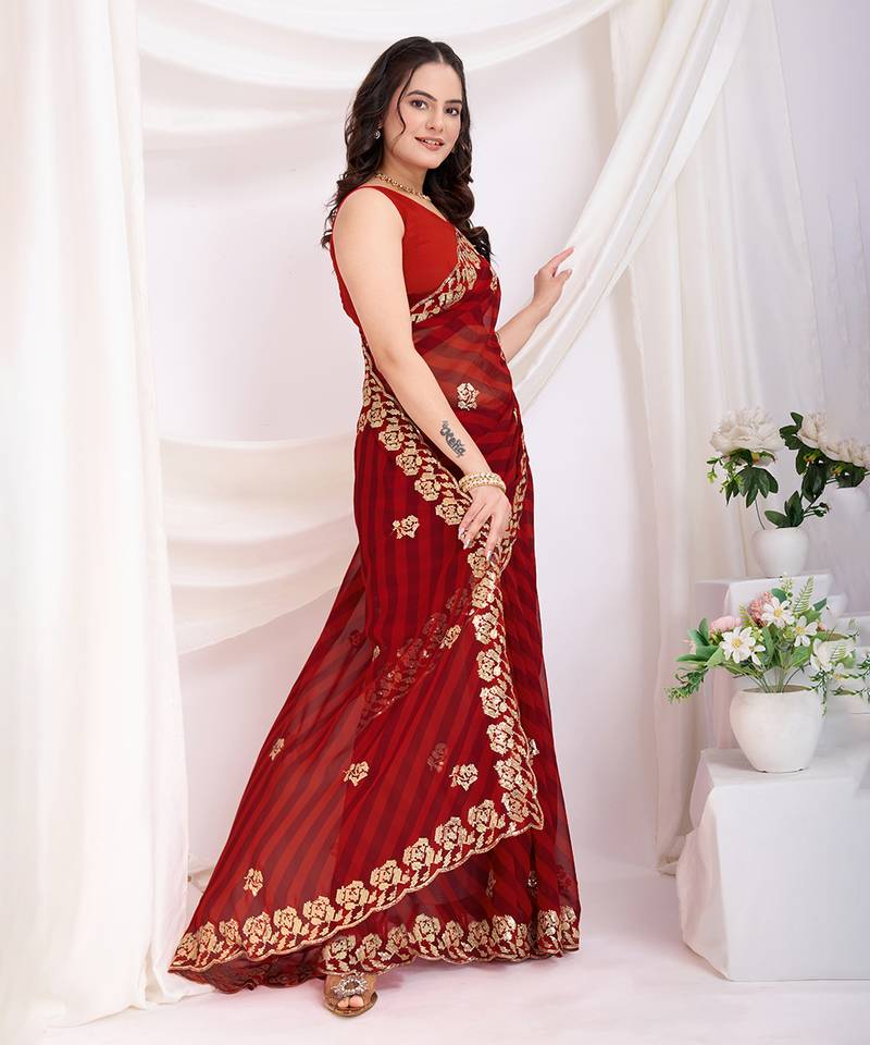 Scarlet red georgette saree