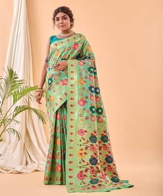 Blooming green floral weave art-silk saree 1