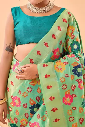 Blooming green floral weave art-silk saree