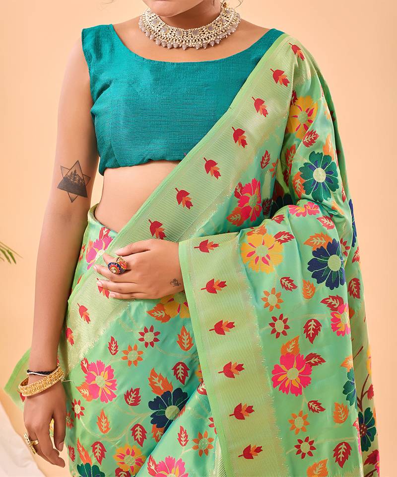 Blooming green floral weave art-silk saree