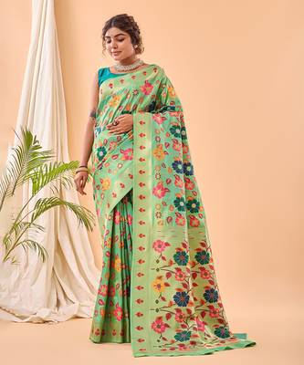 Blooming green floral weave art-silk saree 3