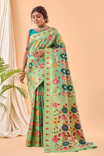 Blooming green floral weave art-silk saree