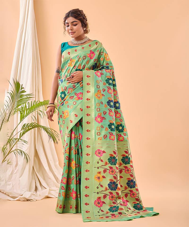 Blooming green floral weave art-silk saree
