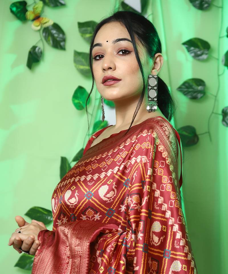 Lustrous red patola art-silk saree