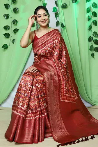 Lustrous red patola art-silk saree