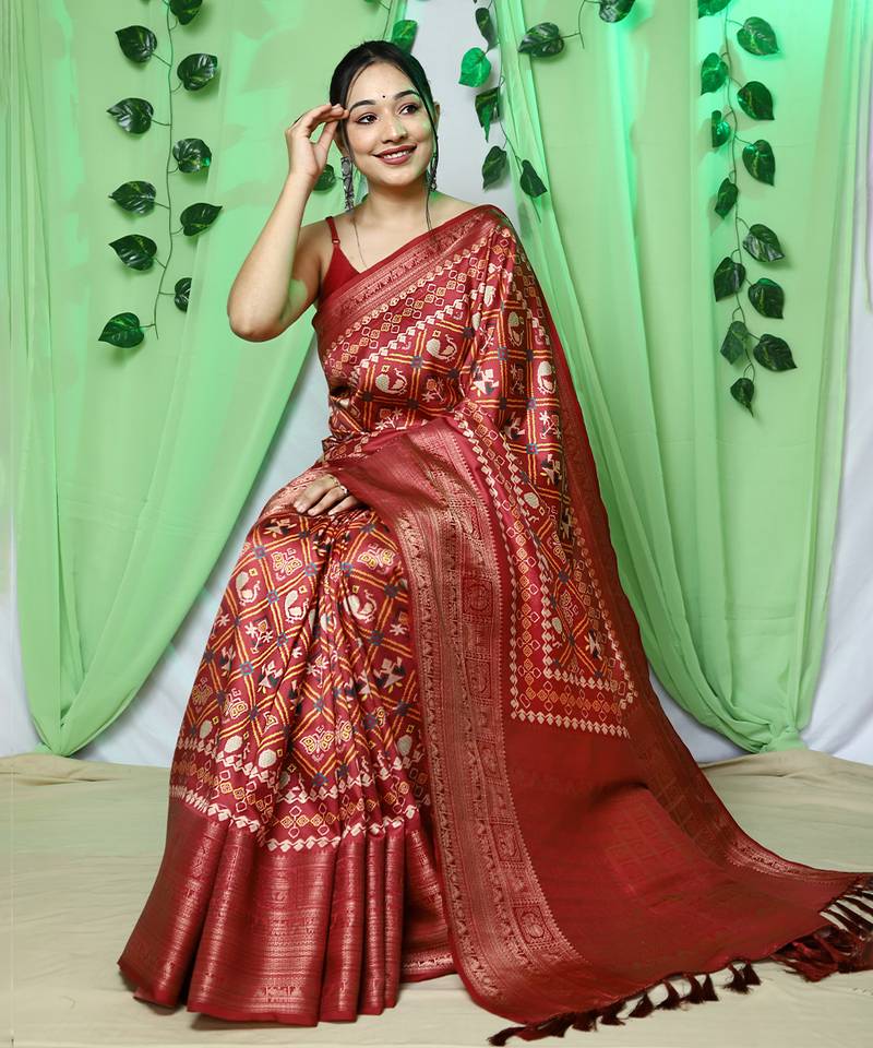 Lustrous red patola art-silk saree