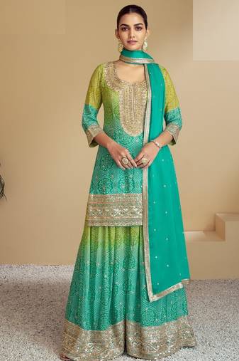 Teal embroidered chinon free size stitched palazzo suit