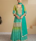 Teal embroidered chinon free size stitched palazzo suit