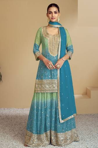 Sky embroidered chinon free size stitched palazzo suit
