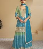 Sky embroidered chinon free size stitched palazzo suit
