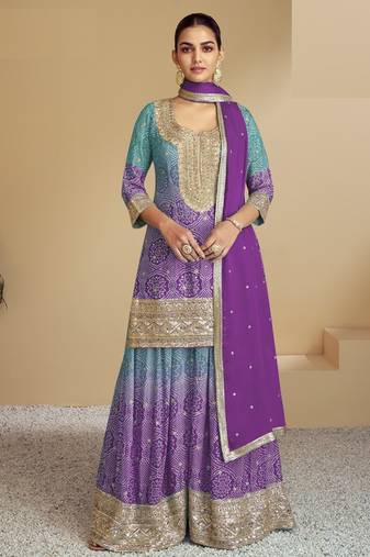 Magenta embroidered chinon free size stitched palazzo suit
