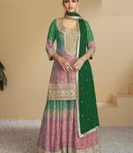 Green embroidered chinon free size stitched palazzo suit