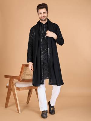 Black viscose silk thread & sequins embroidered work wedding festival marriage party wear straight kurta with dupatta 1