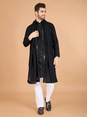 Black viscose silk thread & sequins embroidered work wedding festival marriage party wear straight kurta with dupatta 5