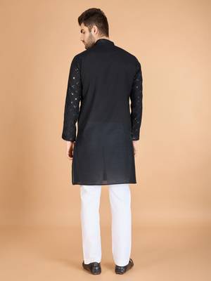 Black viscose silk thread & sequins embroidered work wedding festival marriage party wear straight kurta with dupatta 6