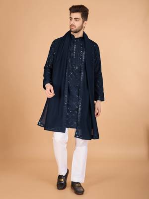 Navy blue viscose silk thread & sequins embroidered work wedding festival marriage party straight kurta with dupatta 1
