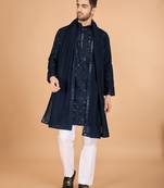 Navy blue viscose silk thread & sequins embroidered work wedding festival marriage party straight kurta with dupatta