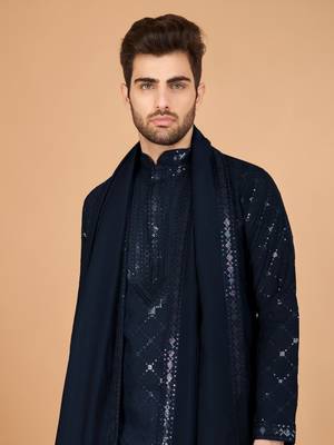 Navy blue viscose silk thread & sequins embroidered work wedding festival marriage party straight kurta with dupatta 3