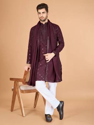 Maroon viscose silk thread & sequins embroidered work wedding festival marriage party wear straight kurta with dupatta 1