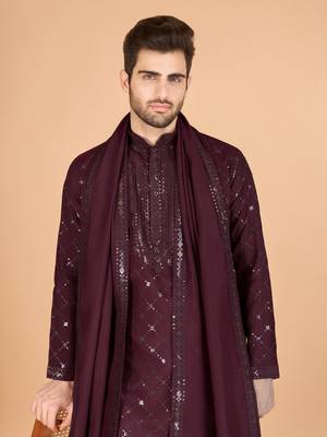 Maroon viscose silk thread & sequins embroidered work wedding festival marriage party wear straight kurta with dupatta 3