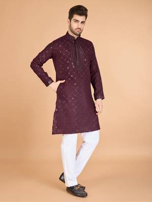 Maroon viscose silk thread & sequins embroidered work wedding festival marriage party wear straight kurta with dupatta 4