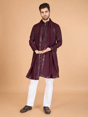 Maroon viscose silk thread & sequins embroidered work wedding festival marriage party wear straight kurta with dupatta 5