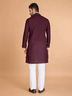 Maroon viscose silk thread & sequins embroidered work wedding festival marriage party wear straight kurta with dupatta 6