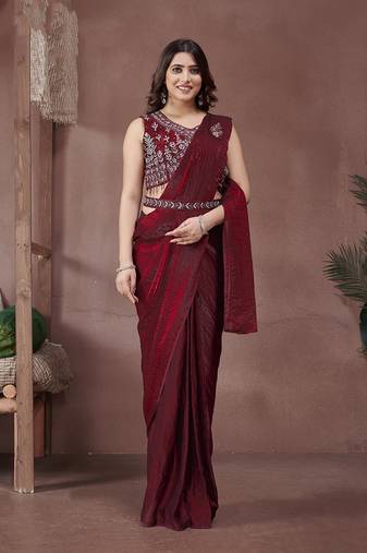Maroon Satin Party Wear One Minute Sarees With Hand Work & Belt