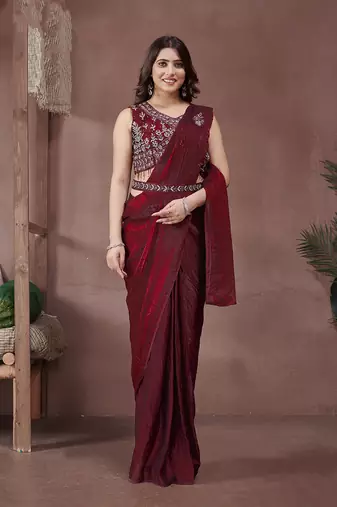 Maroon Satin Party Wear One Minute Sarees With Hand Work & Belt