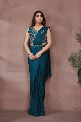 Teal Satin Party Wear One Minute Sarees With Hand Work & Belt