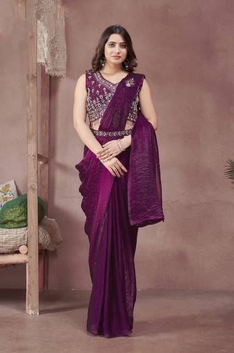 Wine Satin Party Wear One Minute Sarees With Hand Work & Belt
