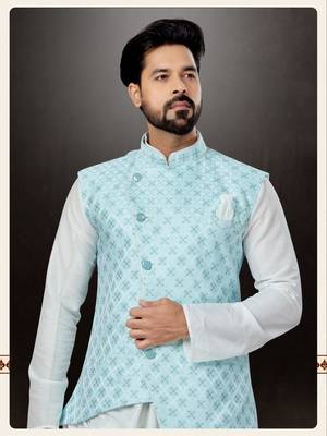 Off white silk dupion  kurta pajama & jacket set 2