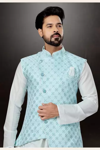 Off white silk dupion  kurta pajama & jacket set