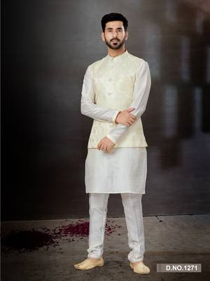 Off white silk dupion  kurta pajama & jacket set 1