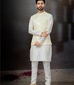 Off white silk dupion  kurta pajama & jacket set