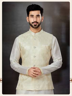 Off white silk dupion  kurta pajama & jacket set 2
