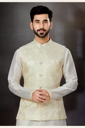 Off white silk dupion  kurta pajama & jacket set