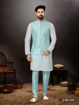 Off white silk dupion  kurta pajama & jacket set 1