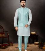 Off white silk dupion  kurta pajama & jacket set