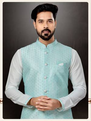 Off white silk dupion  kurta pajama & jacket set 2